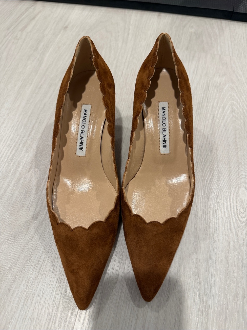 Manolo Blahnik Cognac Suede Scalloped Pointed Flats